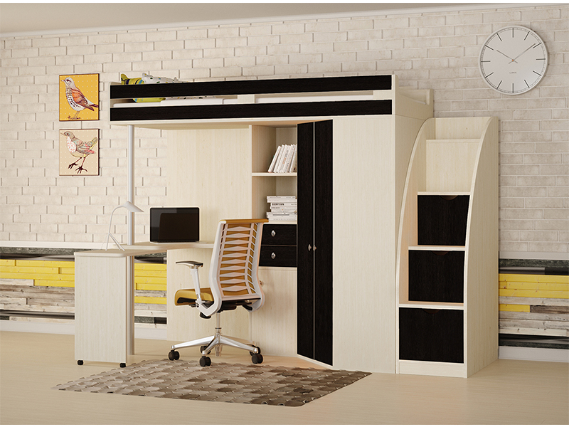 Дизайн-Сервис Кровать-чердак М85 с лестницей-комодом